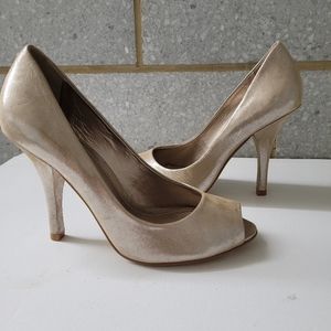 Gold finished sueded high heel pumps, size 7M